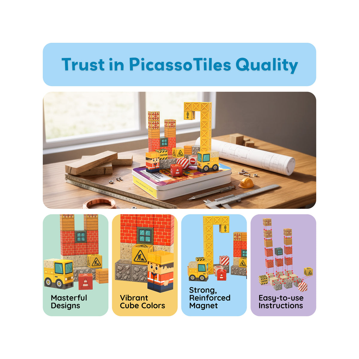 PicassoTiles quality banner with assembled construction cubes on a tin box and key feature highlights.