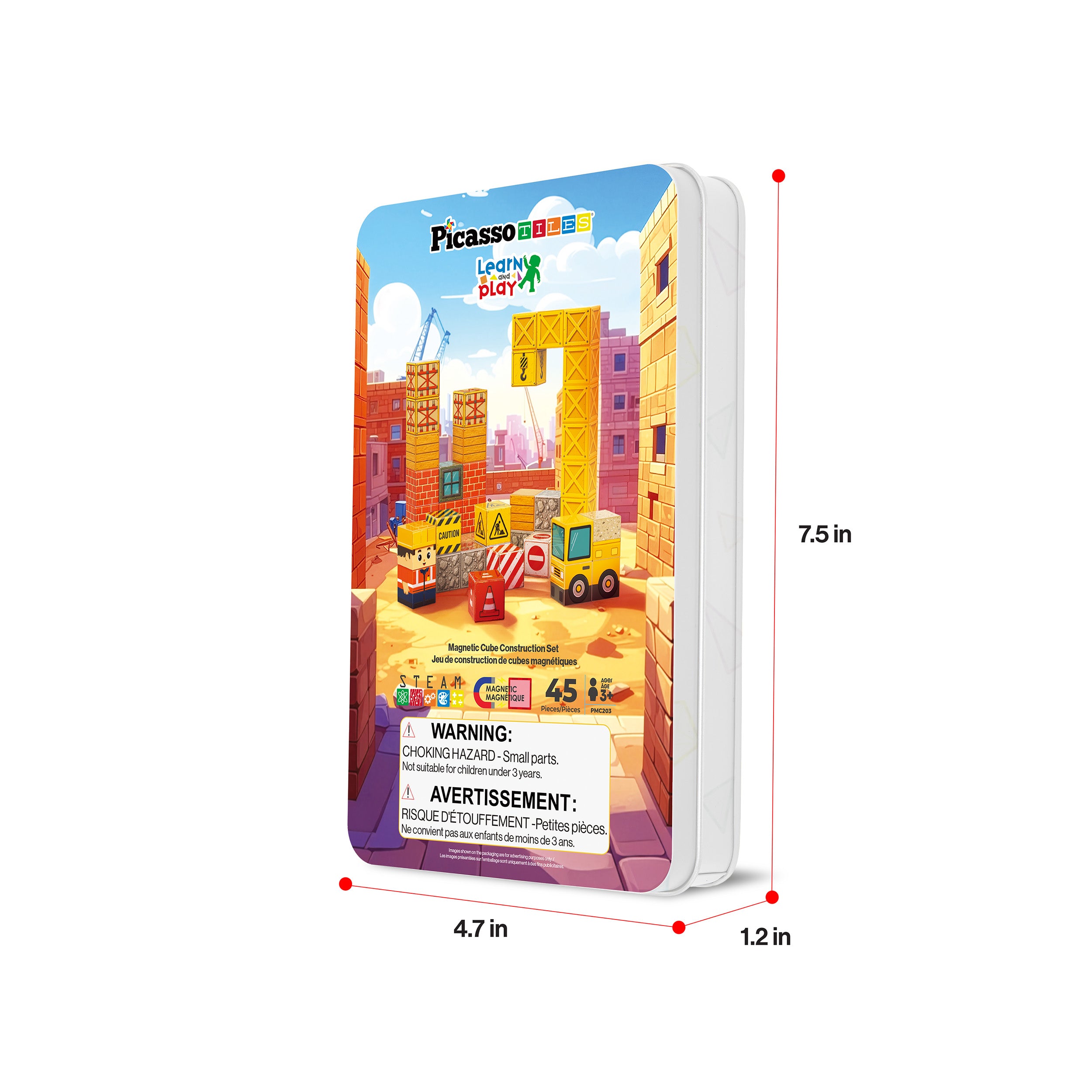 Construction-themed 45-piece magnetic cube metal storage tin with product dimensions (7.5 in x 4.7 in x 1.2 in)