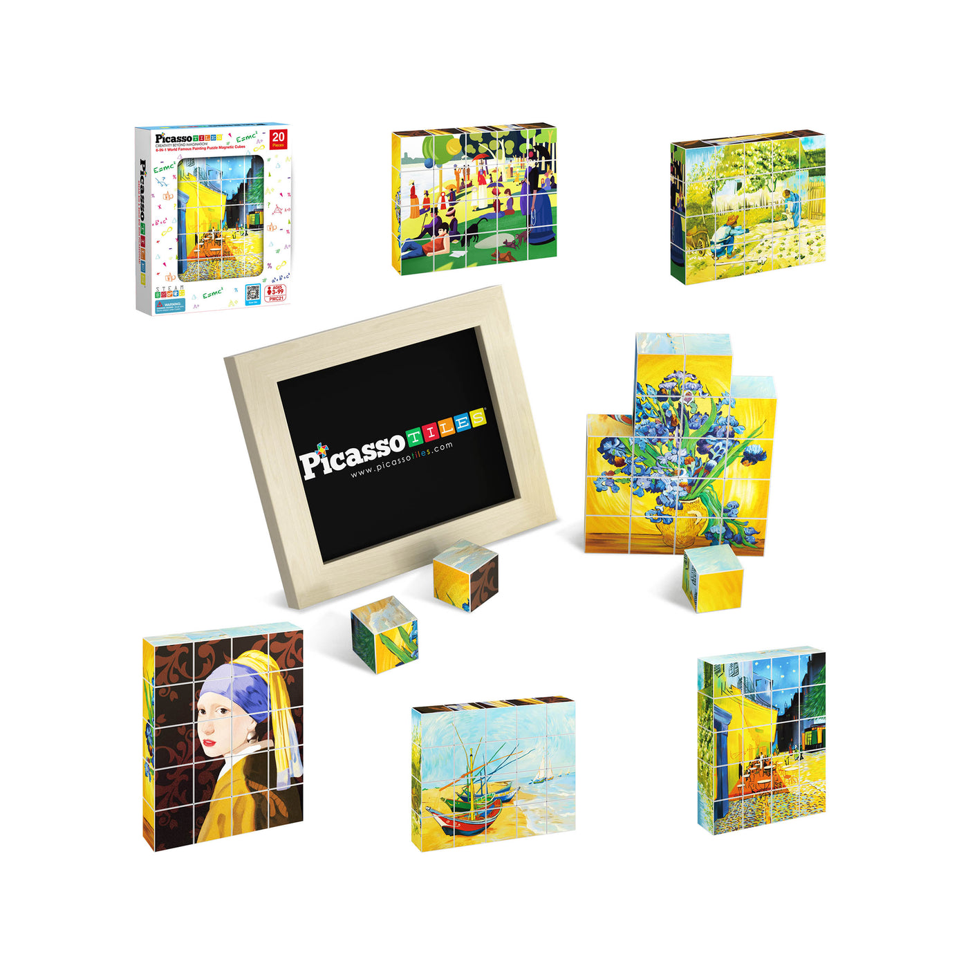 PicassoTiles 20pc 1" Magnetic Puzzle Cubes World Famous Paintings Set