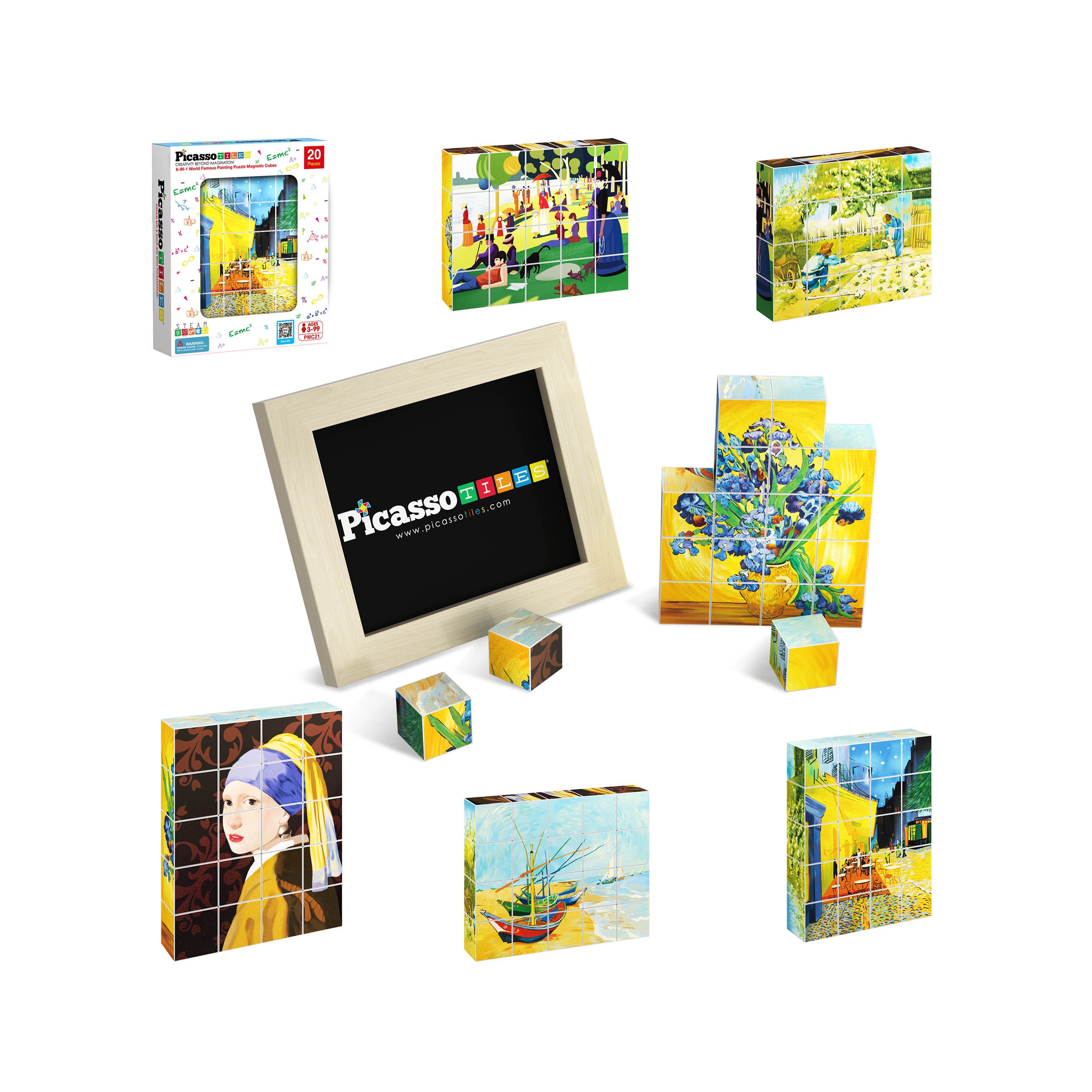 PicassoTiles 20pc 1" Magnetic Puzzle Cubes World Famous Paintings Set