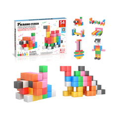 Colorful magnetic cubes assembled into animals, robots, and structures to showcase different creative building possibilities.