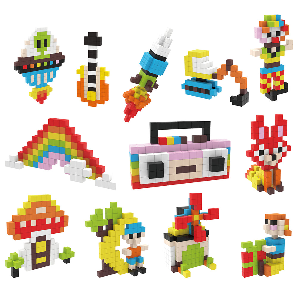 colorful mini magnetic cubes assembled into pixel characters and animals