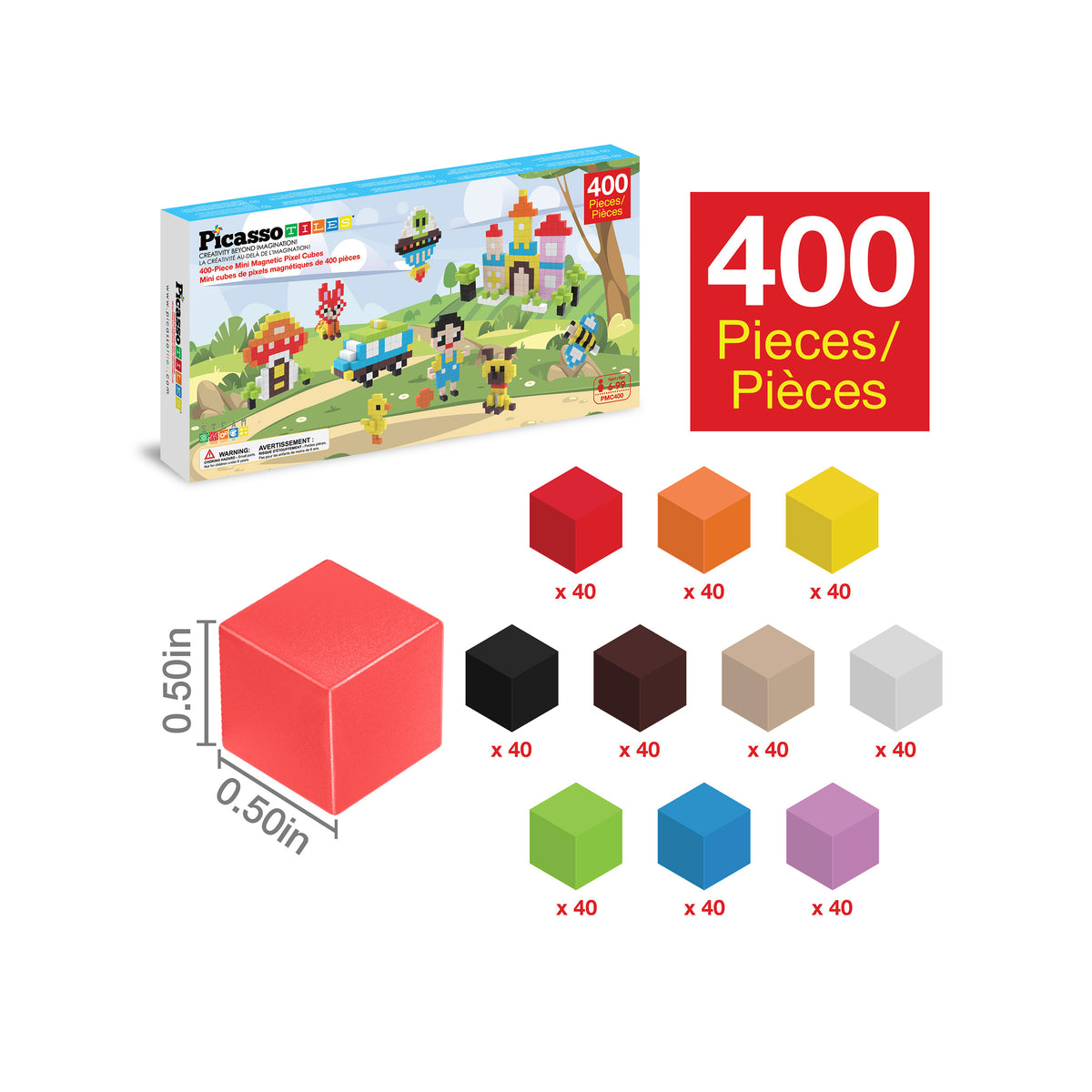 PicassoTiles 400-piece magnetic cube set box with color breakdown and 0.50-inch cube dimensions.   