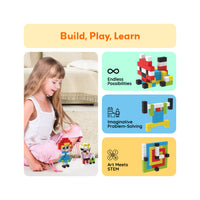 Girl playing with pixel magnetic cube figures alongside STEM and learning benefit highlights.