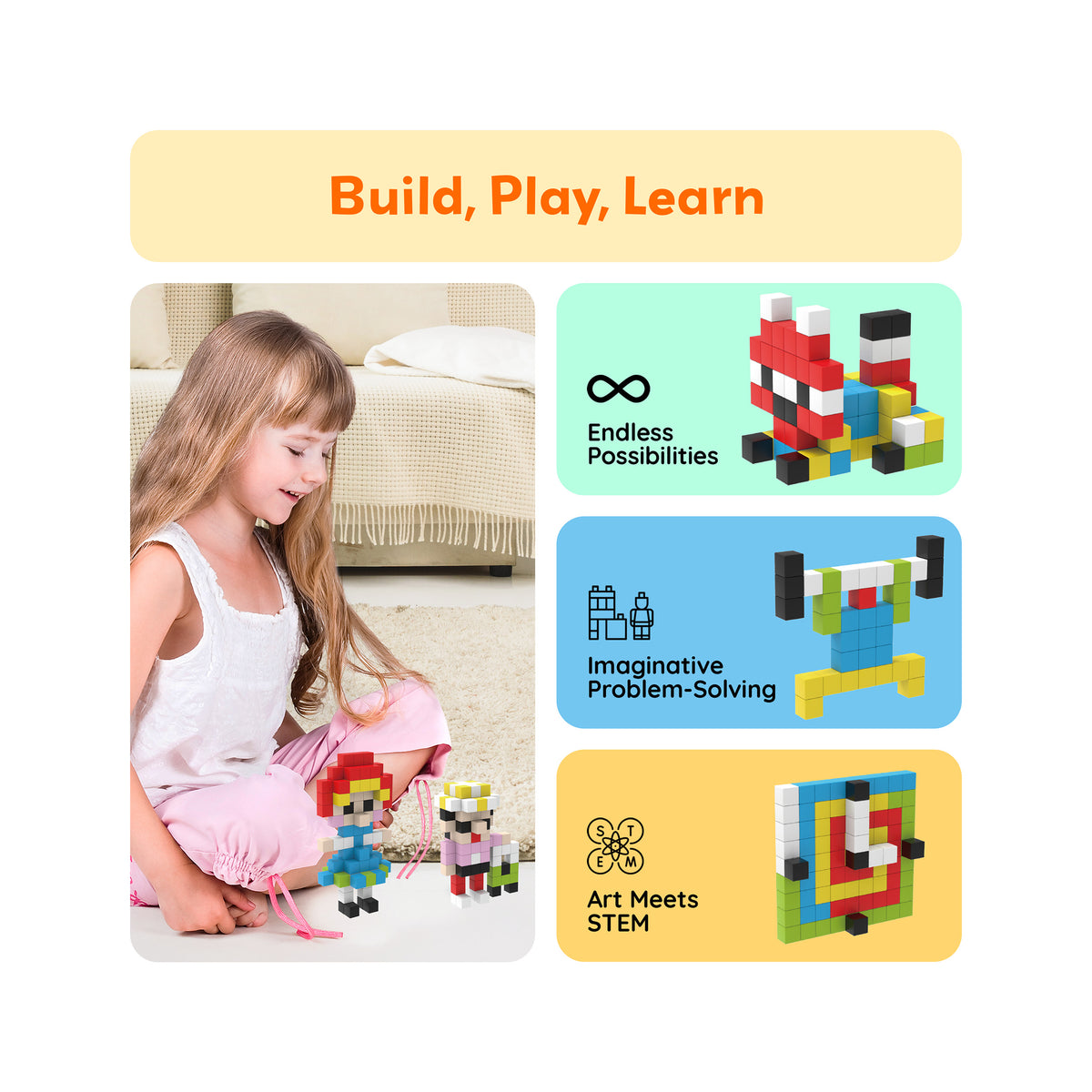 Girl playing with pixel magnetic cube figures alongside STEM and learning benefit highlights.