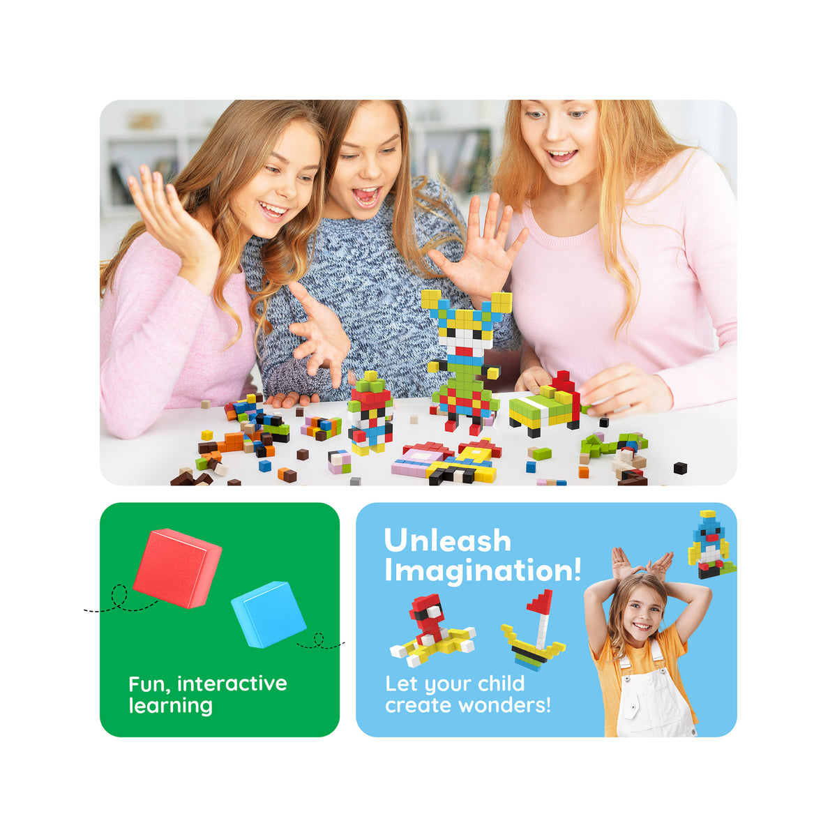 Three girls playing with magnetic pixel cube figures alongside creative learning callouts.   
PNG