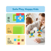 Girl playing with magnetic pixel cube figures alongside BPA-free and rounded corner safety callouts.   