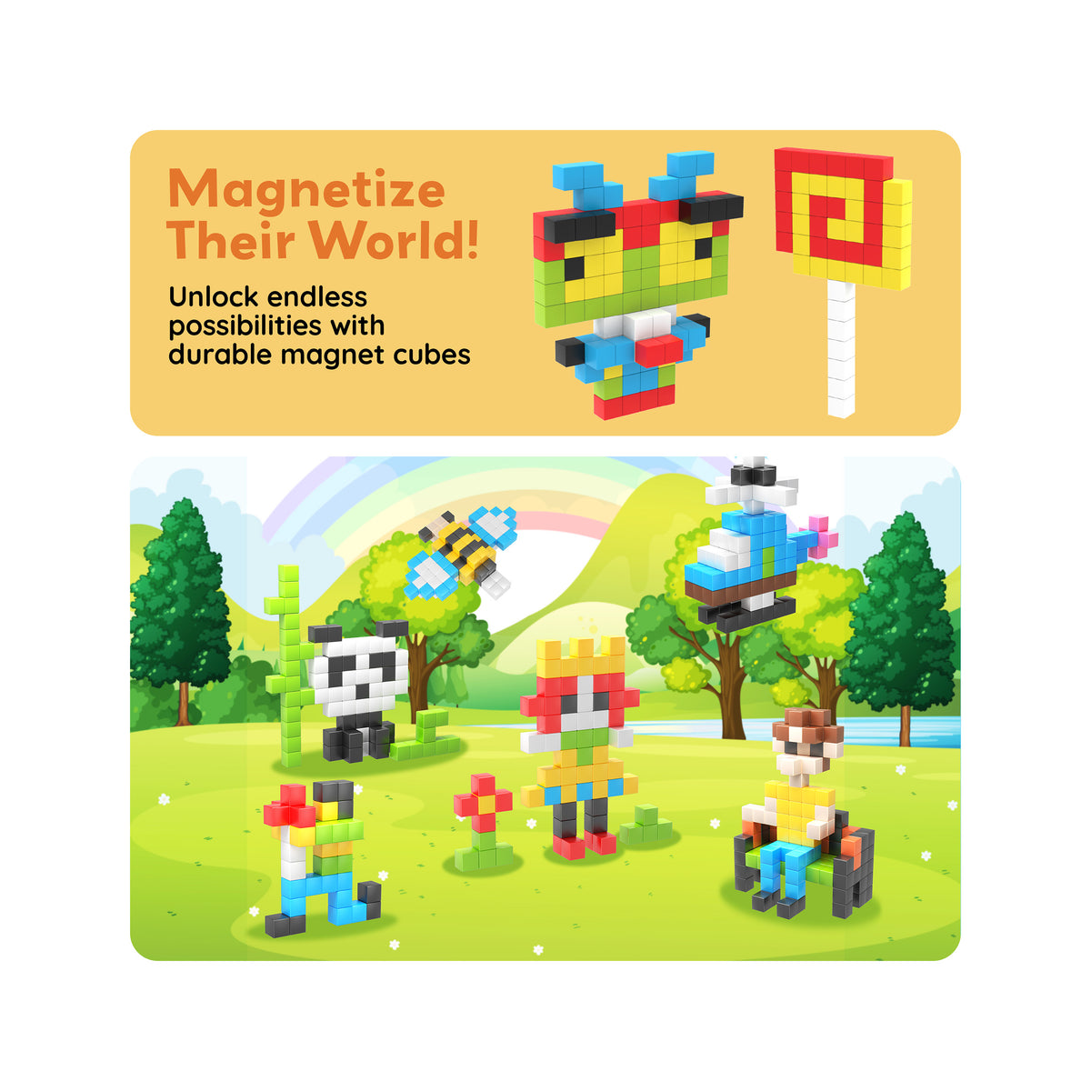 Pixel art characters and vehicles made of magnetic cubes outdoors under a Magnetize Their World banner.   