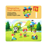 Pixel art characters and vehicles made of magnetic cubes outdoors under a Magnetize Their World banner.   