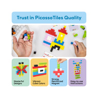 PicassoTiles quality banner with magnetic pixel cube builds, vibrant colors, and reinforced magnet callouts.   