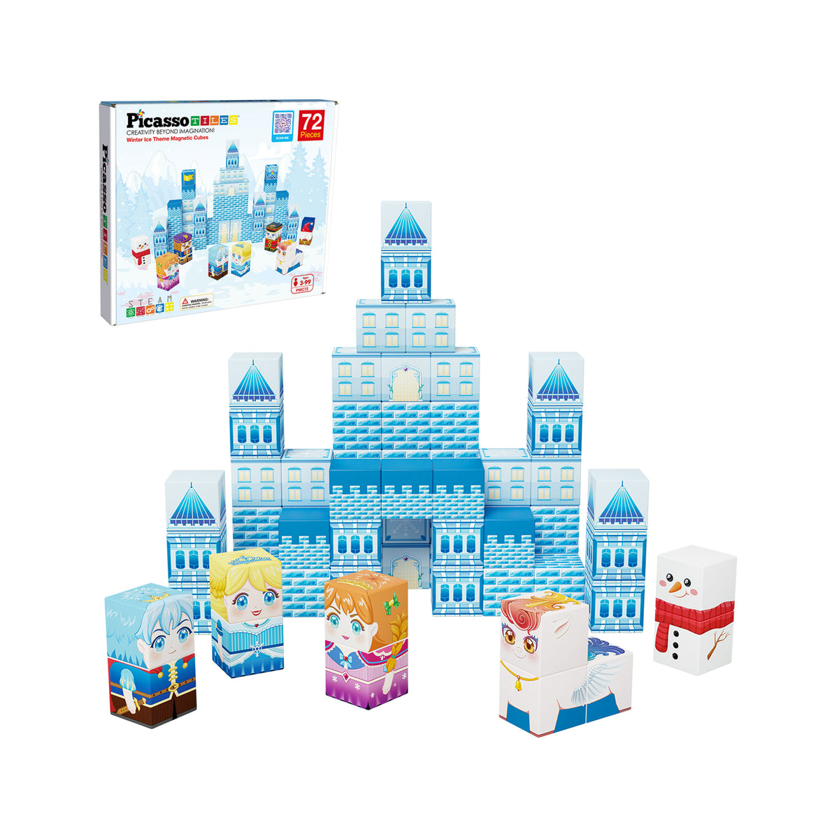 Winter themed magnetic puzzle cubes form a solid blue castle with 7 mix-and-match character blocks including a unicorn and snowman