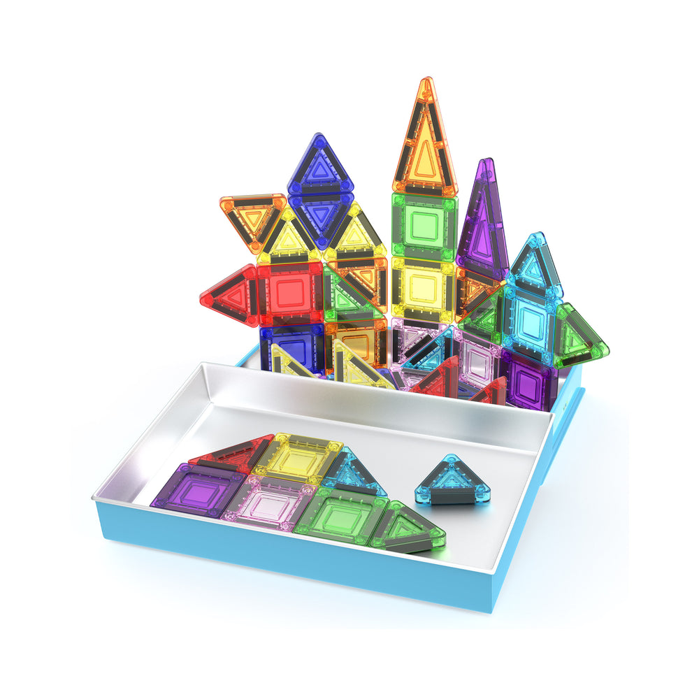 Colorful magnetic tile structures built inside and on the lid of an open blue metal storage tin.
