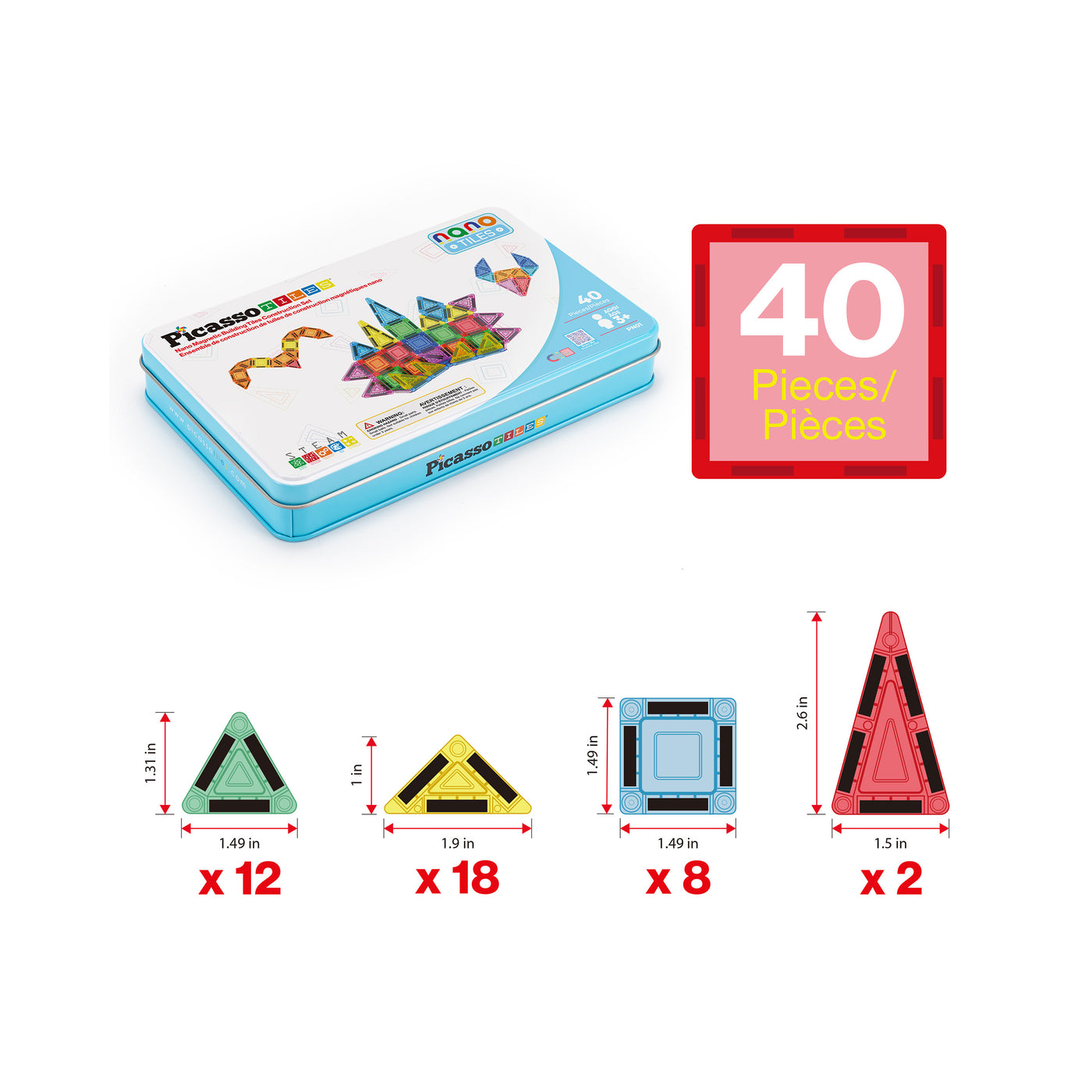 PicassoTiles 40pc Nano Magnetic Building Tiles Construction Travel Set