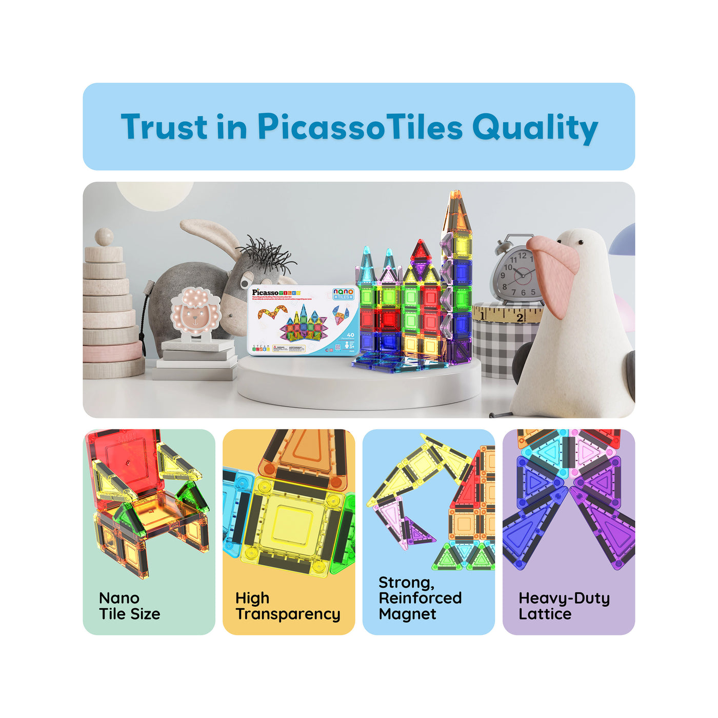 PicassoTiles 40pc Nano Magnetic Building Tiles Construction Travel Set