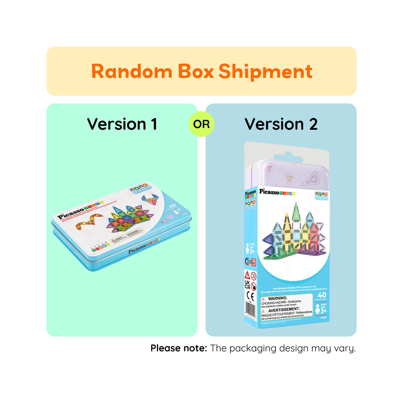 Promotional graphic for PicassoTiles random box shipments showing two possible packaging versions labeled ‘Version 1’ and ‘Version 2,’ with a note that packaging may vary upon delivery.