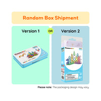 Promotional graphic for PicassoTiles random box shipments showing two possible packaging versions labeled ‘Version 1’ and ‘Version 2,’ with a note that packaging may vary upon delivery.