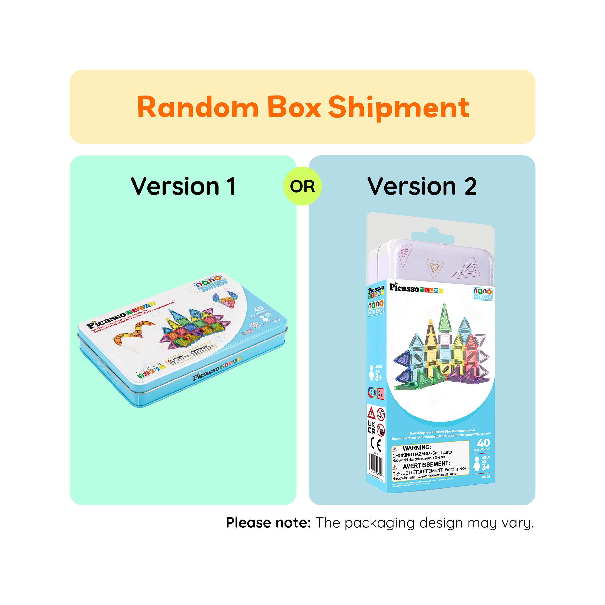 Promotional graphic for PicassoTiles random box shipments showing two possible packaging versions labeled ‘Version 1’ and ‘Version 2,’ with a note that packaging may vary upon delivery.