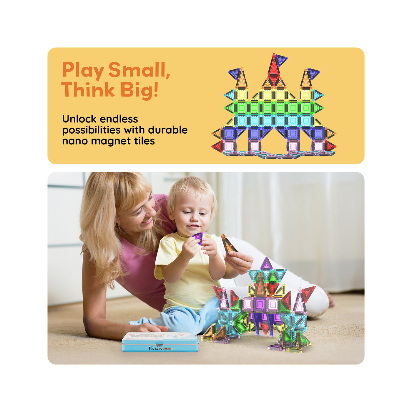 PicassoTiles 50pc Nano Magnetic Building Tiles Construction Travel Set