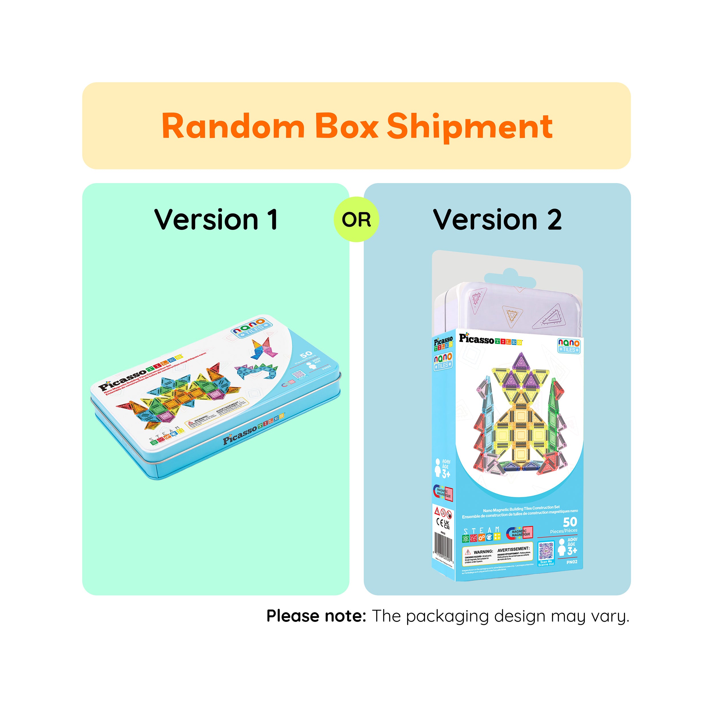 PicassoTiles nano magnetic building blocks random box shipment graphic showing two possible packaging versions labeled ‘Version 1’ and ‘Version 2,’ with a note that packaging may vary upon delivery.
