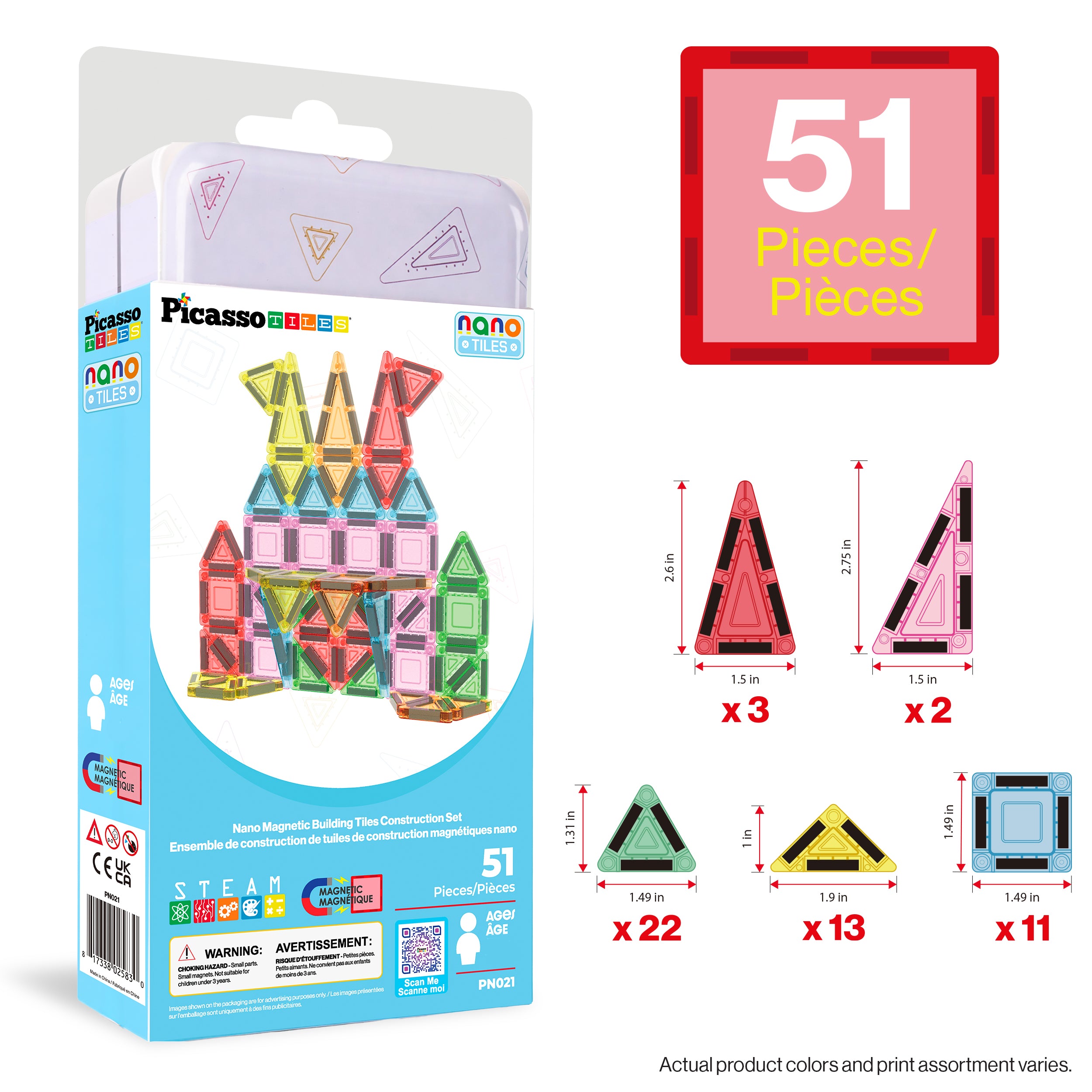 Packaging of PicassoTiles magnetic building tiles set with castle illustration and piece dimensions.