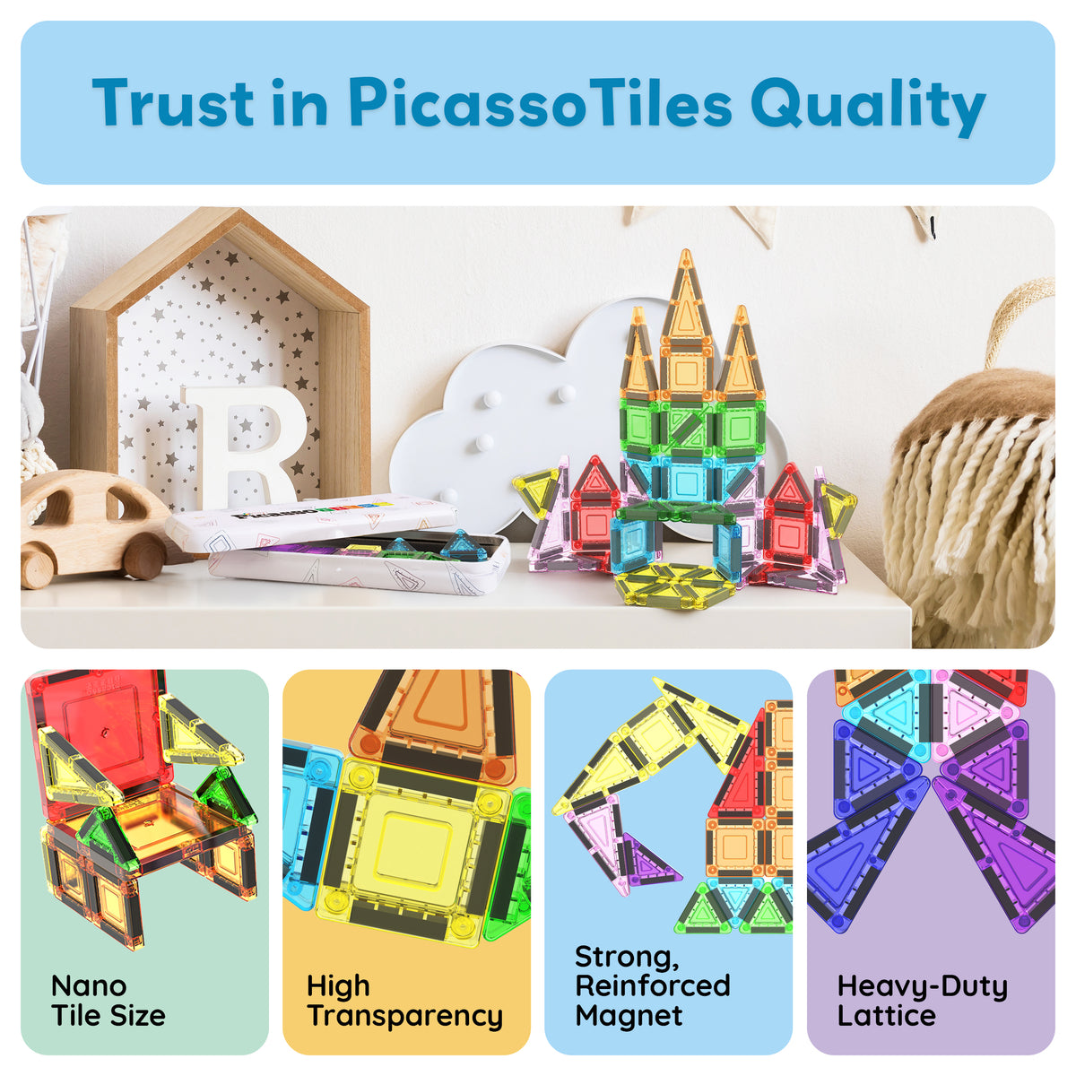 PicassoTiles Magnetic Tiles Construction Building Travel Set 51pc
