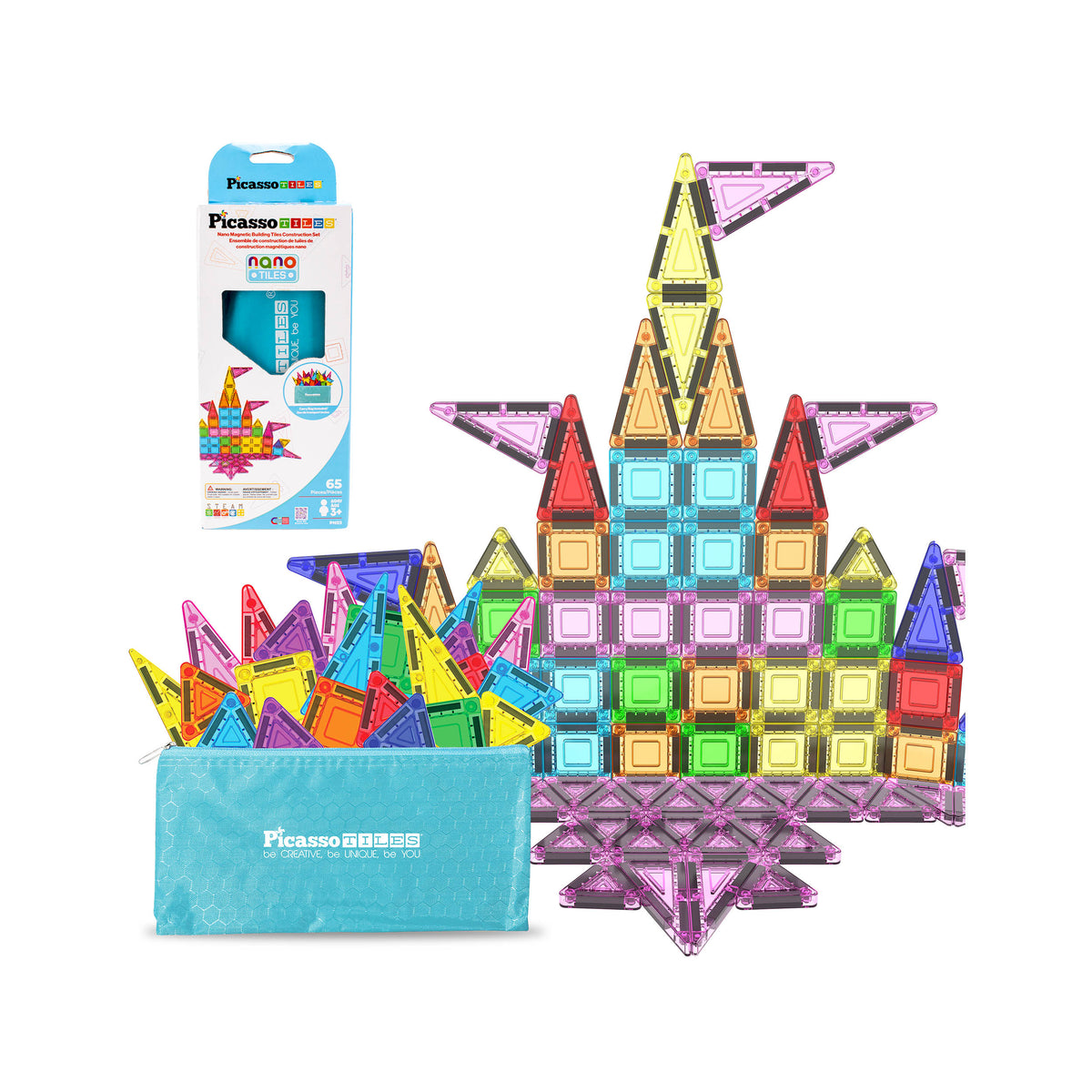 PicassoTiles Nano set featuring retail packaging, a blue zippered storage pouch with colorful tiles, and a built toy castle.