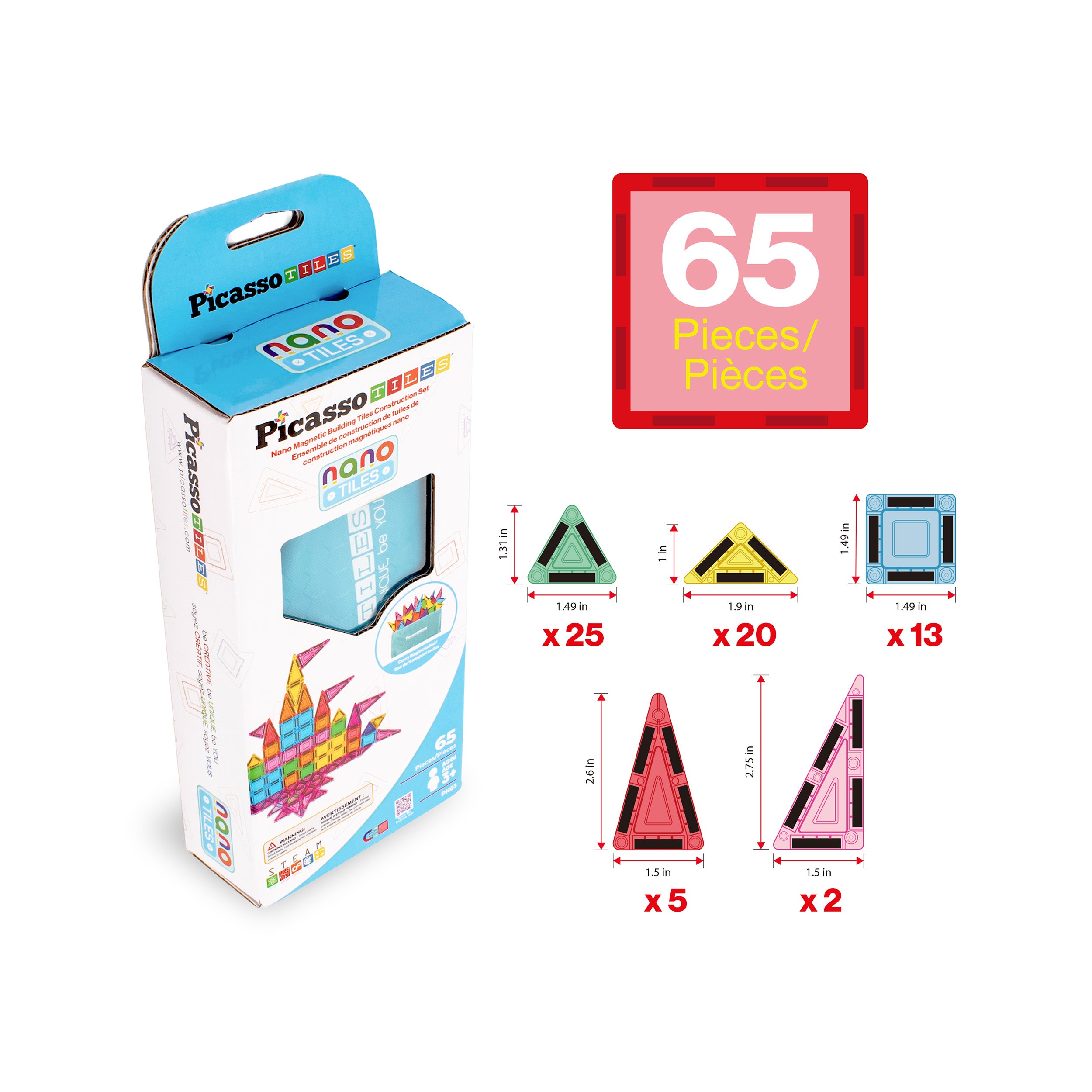 PicassoTiles 65pc Nano Magnetic Tiles Travel Set with Carry Zipper Bag