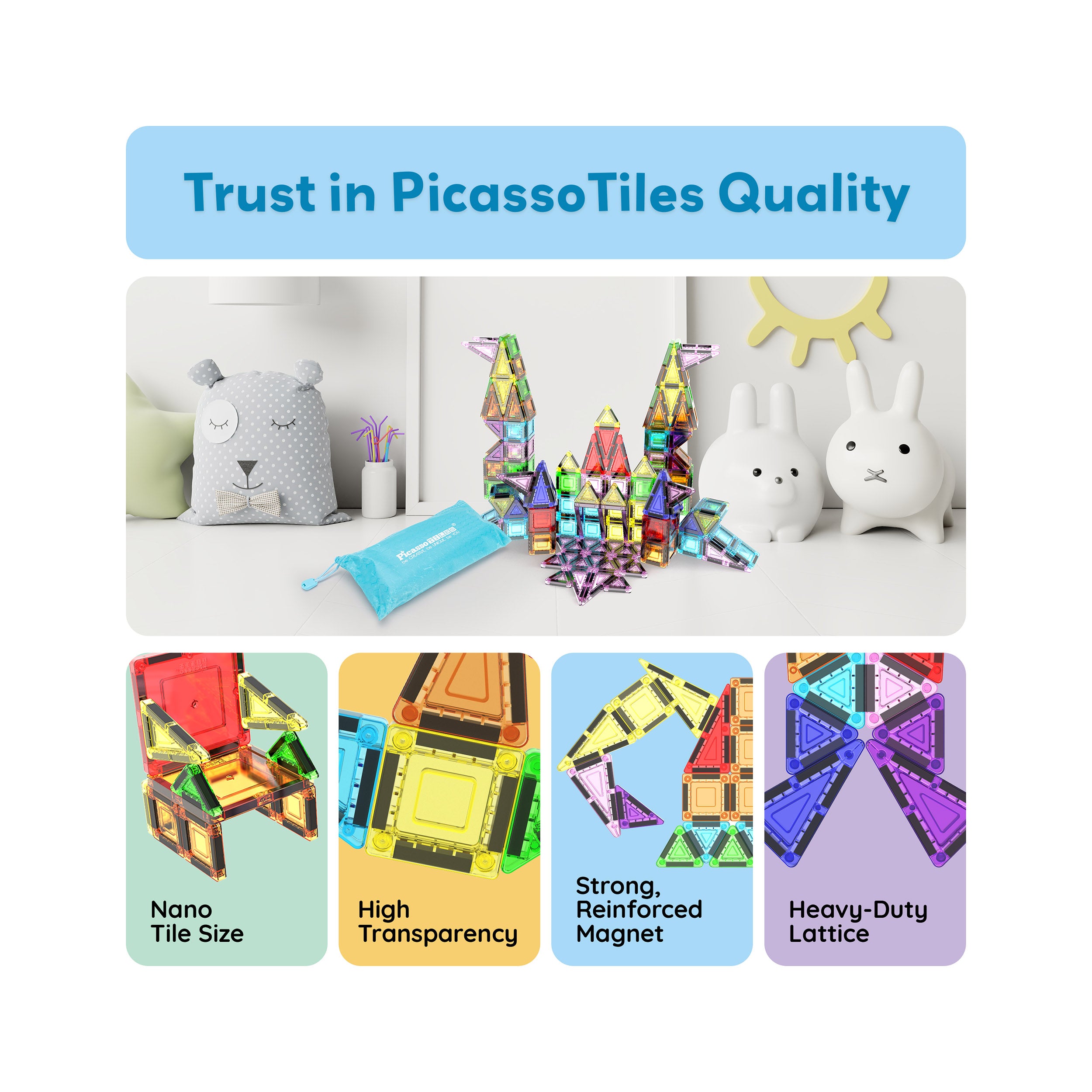 PicassoTiles 65pc Nano Magnetic Tiles Travel Set with Carry Zipper