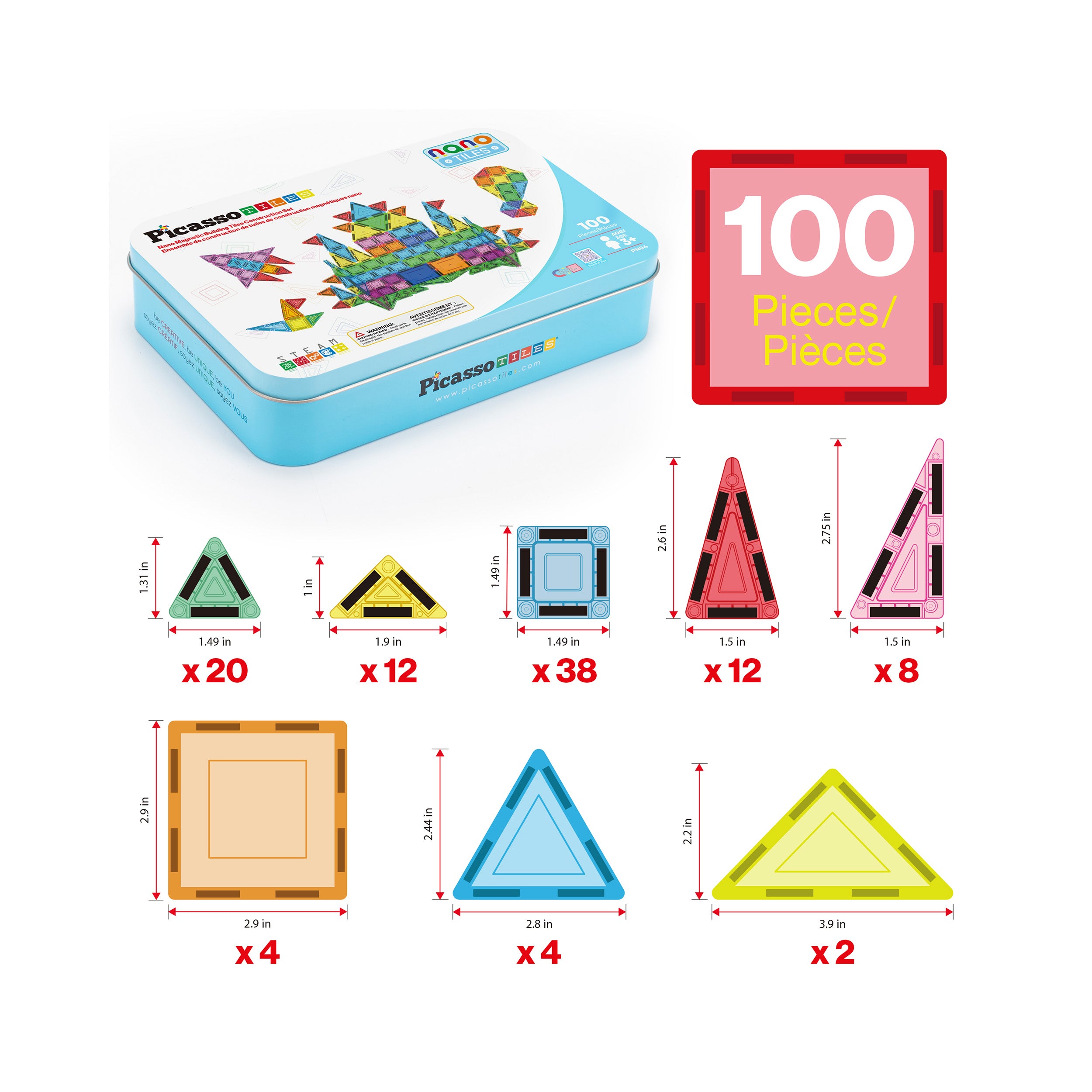 PicassoTiles 100pc Nano Magnetic Building Tiles Construction Travel Set