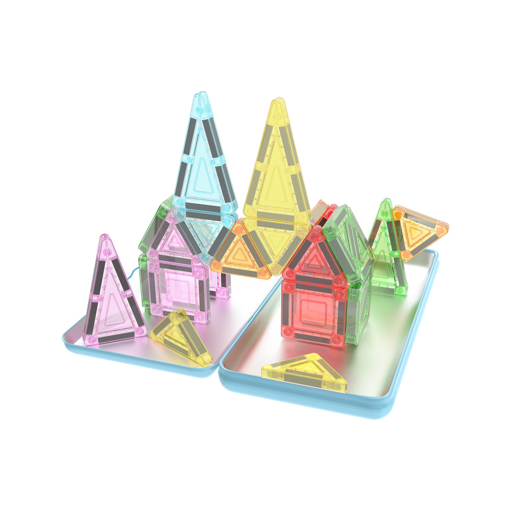 Small magnetic tile structures built inside an open blue metal storage tin.