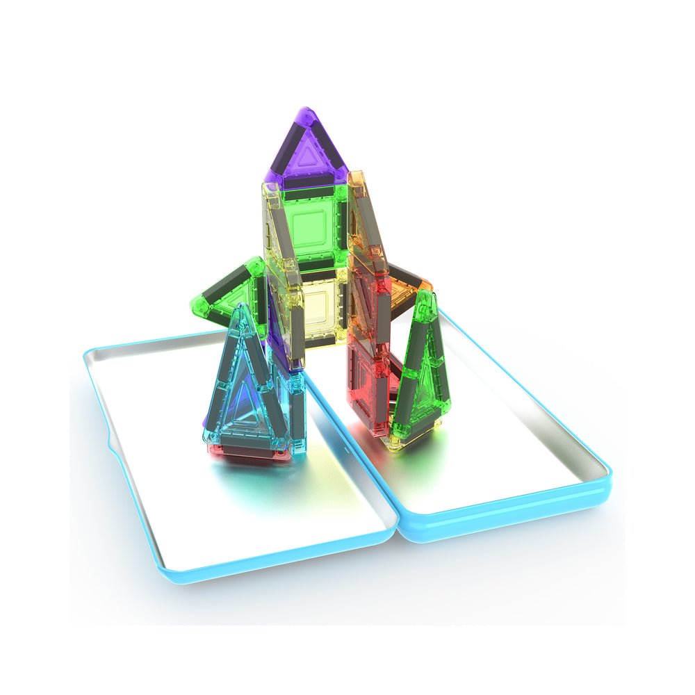 PicassoTiles Magnetic tile rocket structure on an open blue storage tin.