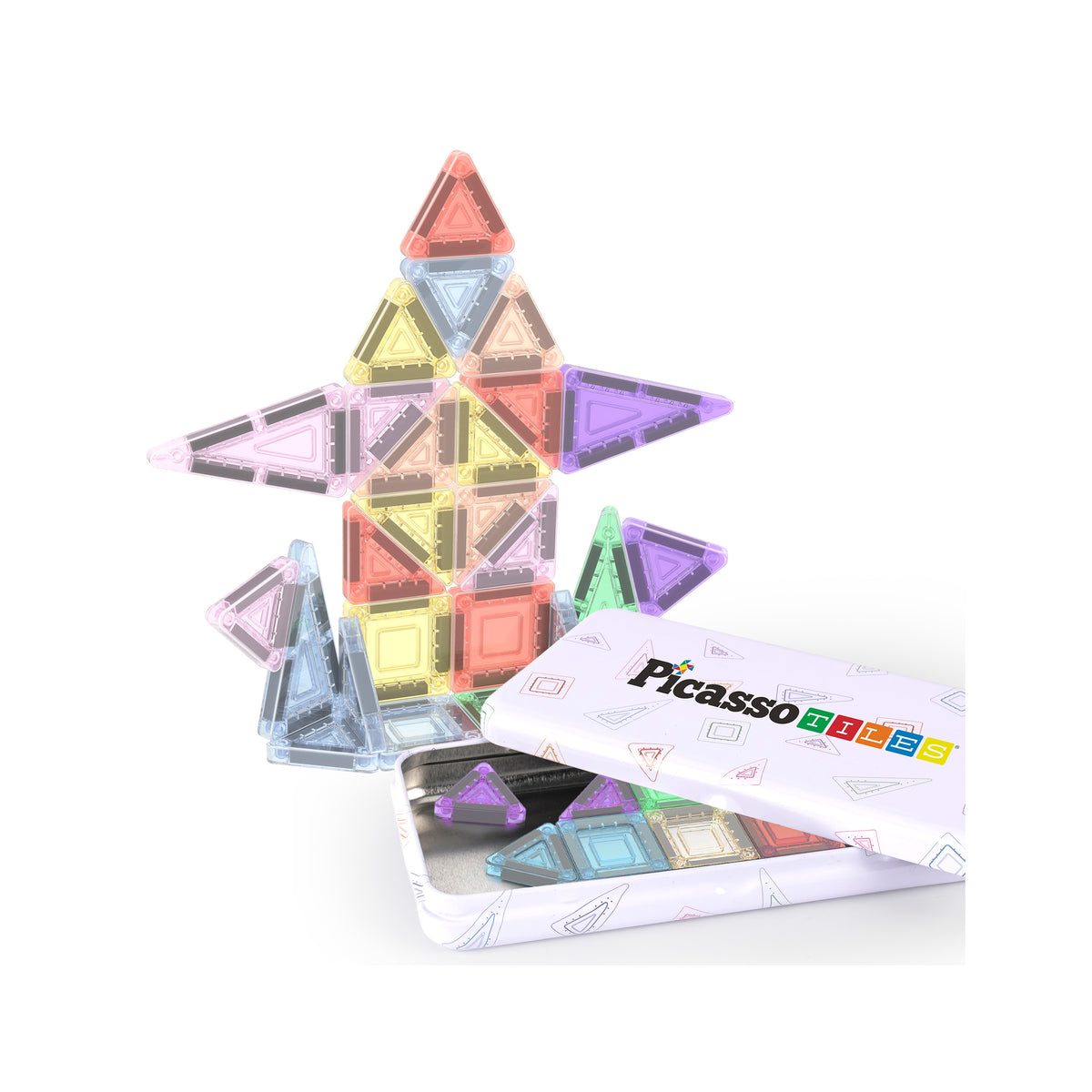 PicassoTiles mini magnetic tile sculpture next to an open metal travel storage tin.   