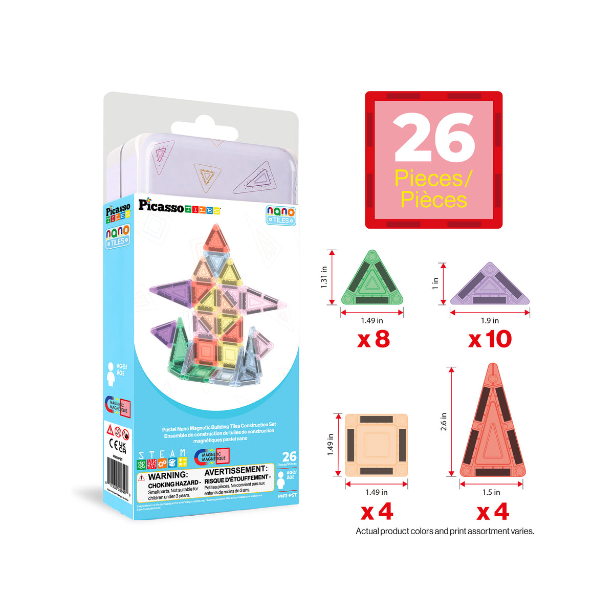 PicassoTiles 26-piece nano magnetic tiles set box with shape dimensions and piece counts.   