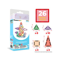 PicassoTiles 26-piece nano magnetic tiles set box with shape dimensions and piece counts.   