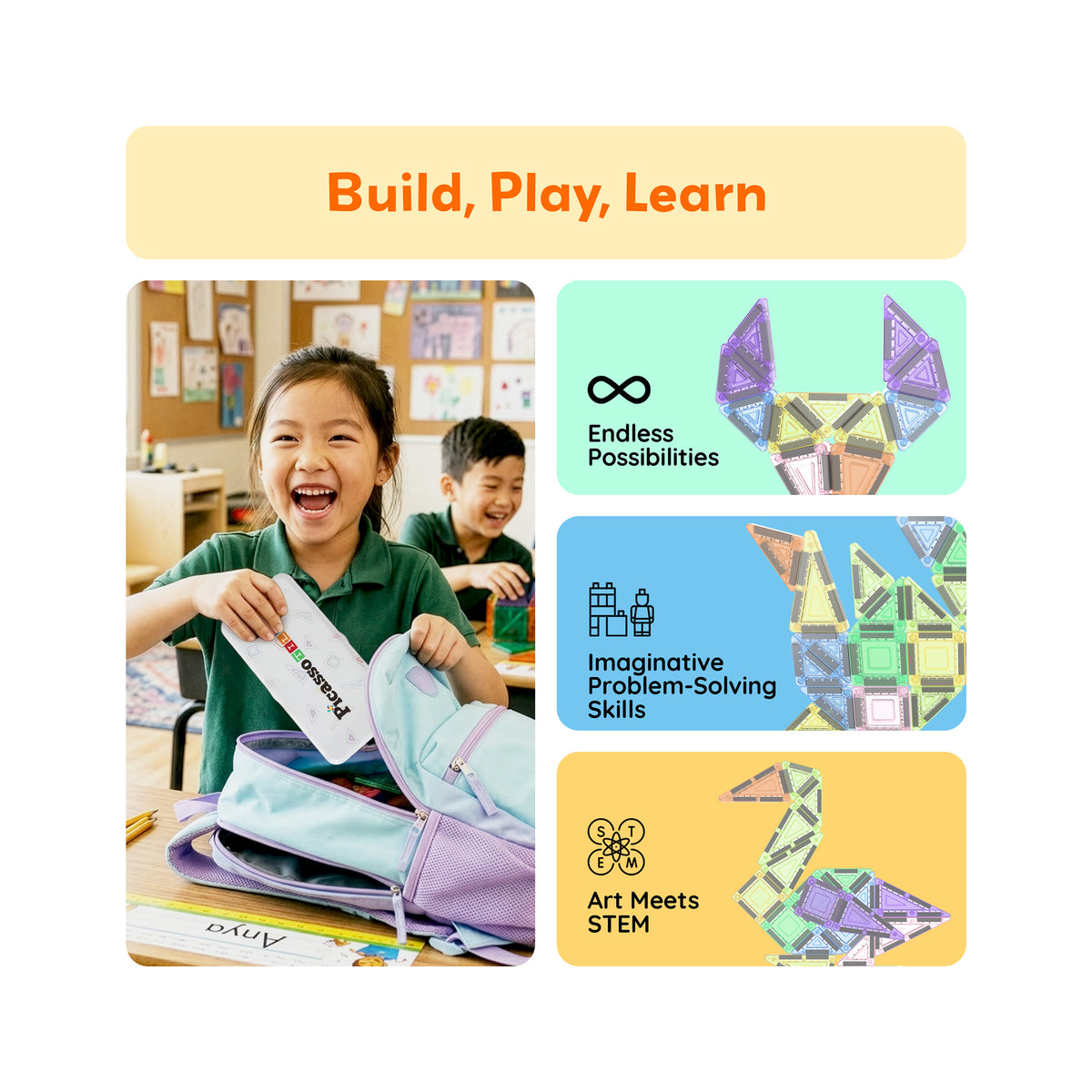 Schoolgirl packing a mini magnetic tile travel tin into her backpack alongside STEM learning callouts.
