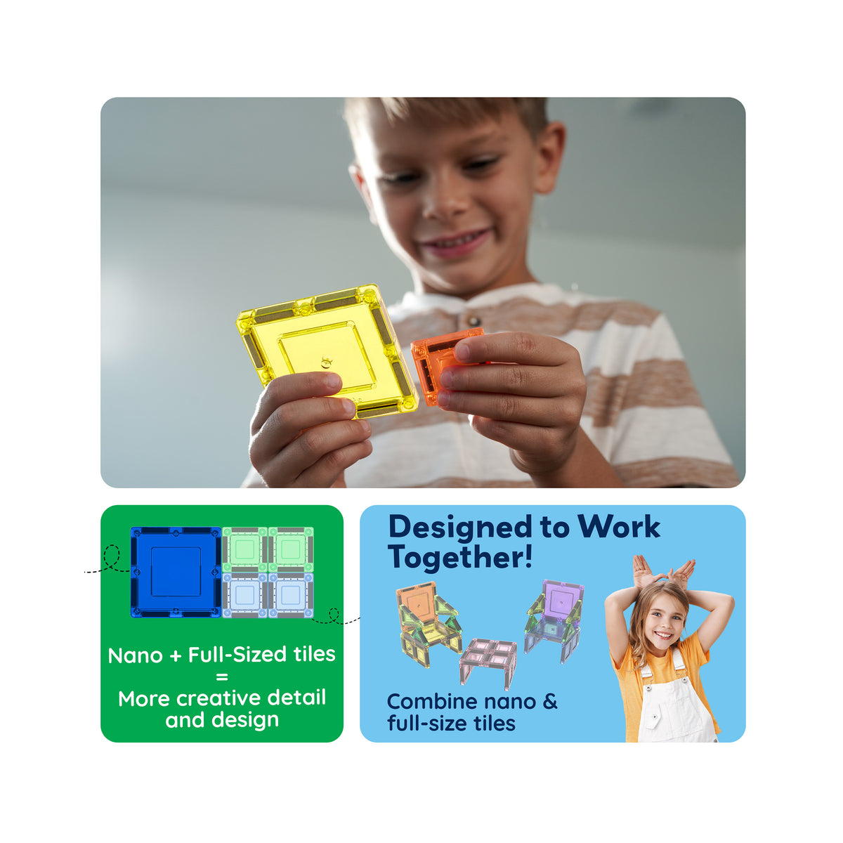 Boy connecting nano and full-sized magnetic tiles alongside compatibility features and build examples.   