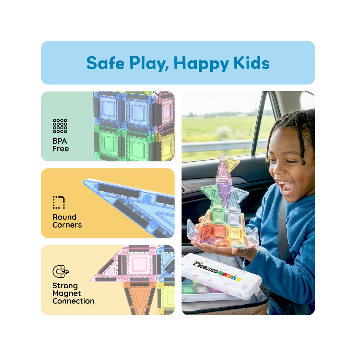 Boy in car holding magnetic tile rocket alongside BPA-free, round corners, and strong magnet callouts.   