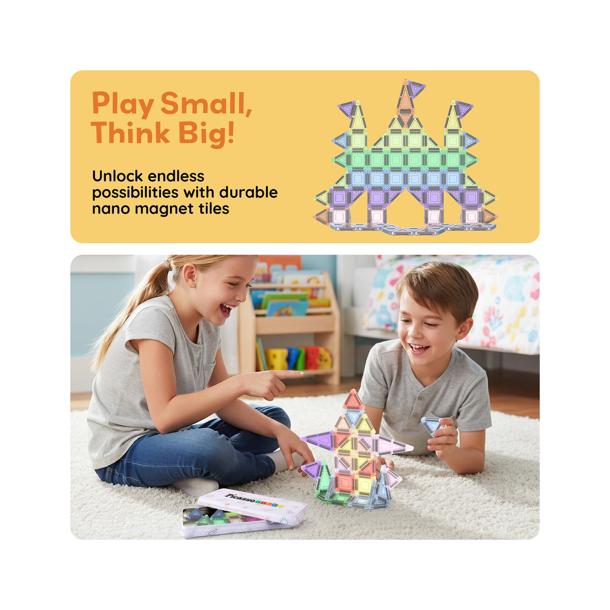 Children building a nano magnetic tile castle beneath a "Play Small, Think Big!" promotional banner.   