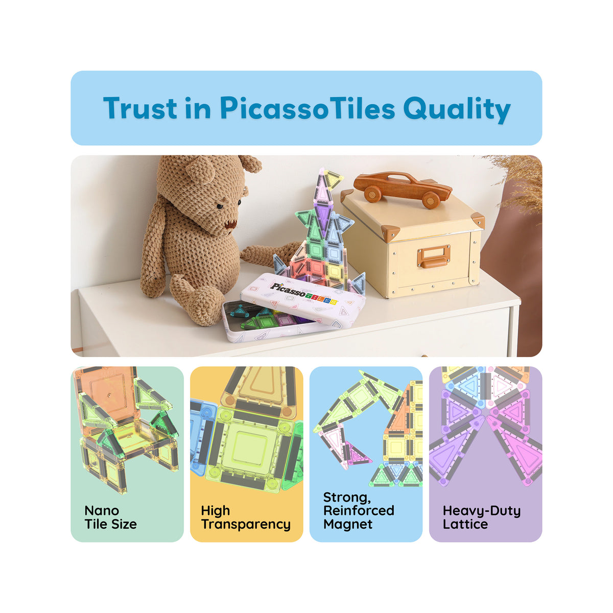 PicassoTiles quality banner with nano magnetic tile builds and key features like reinforced magnets and durability.   
