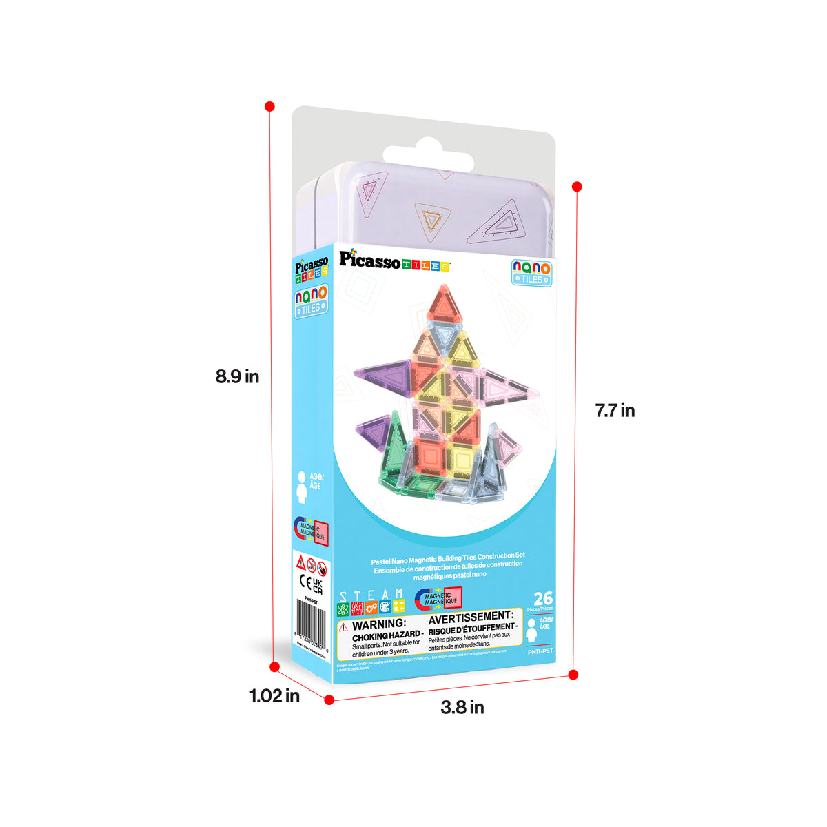 PicassoTiles 26-piece nano magnetic tiles set box with dimensions (8.9 in x 3.8 in x 1.02 in).   