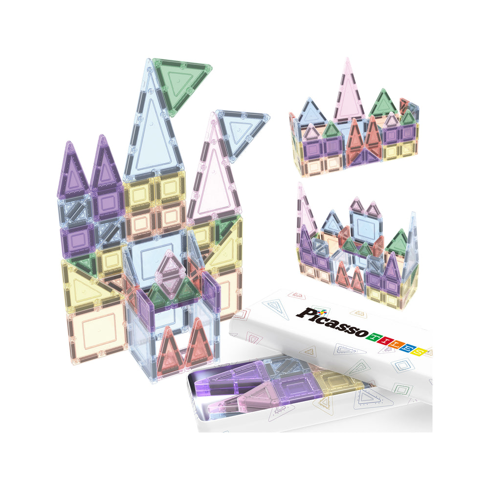 PicassoTiles pastel magnetic tiles built into a detailed throne and crowns next to their storage tin.
