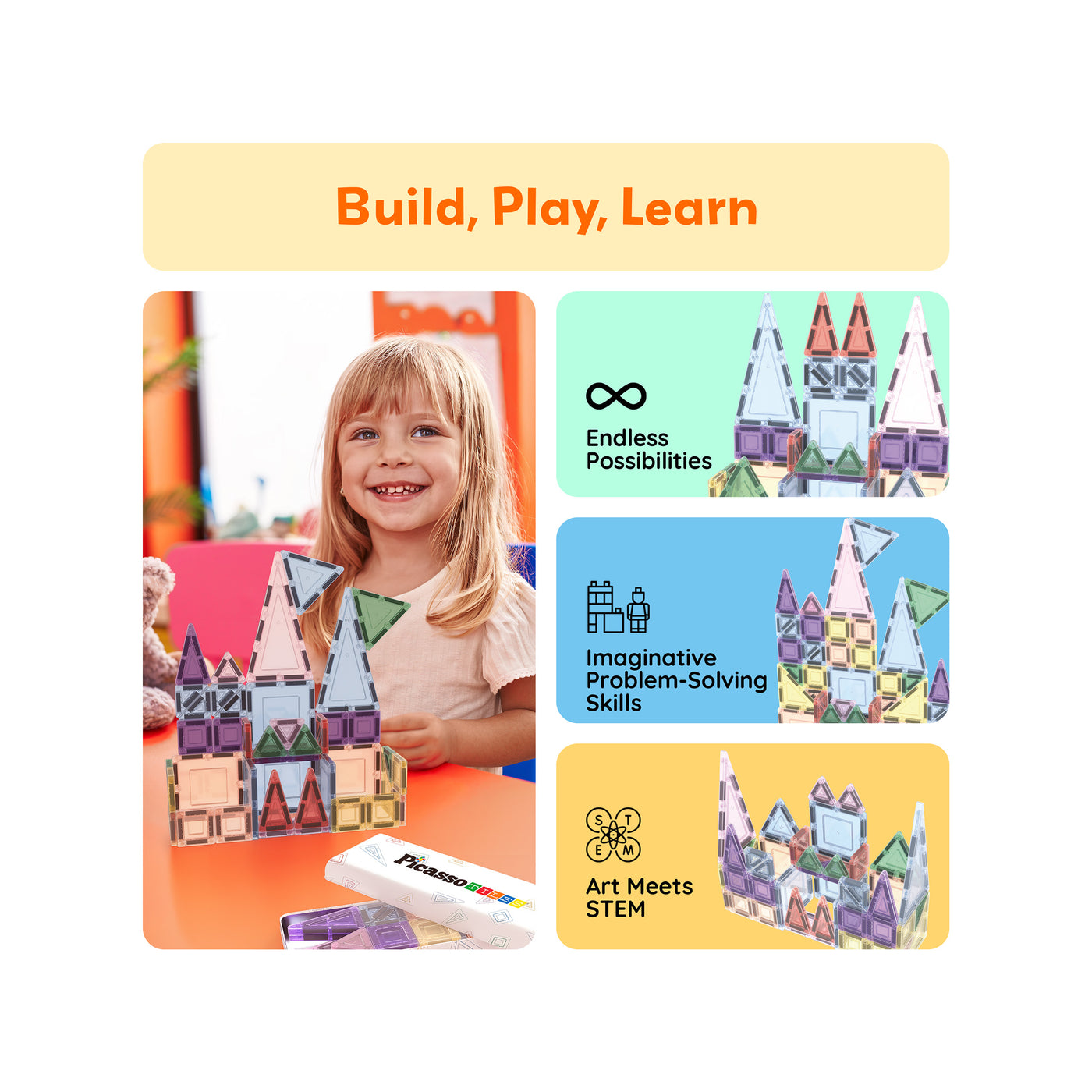 PicassoTiles 50PC Nano + Full-Size Magnetic Travel Set Ages 3+
