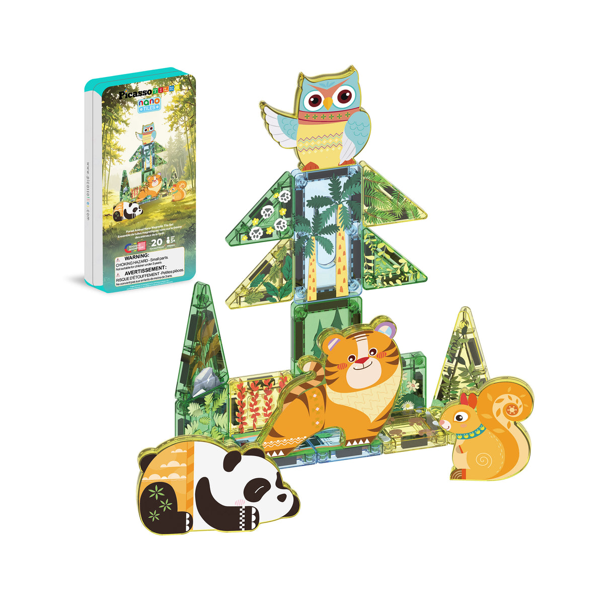 PicassoTiles jungle magnetic set with tree build, tin box, and 2D animal figurines including tiger, owl, and panda.   