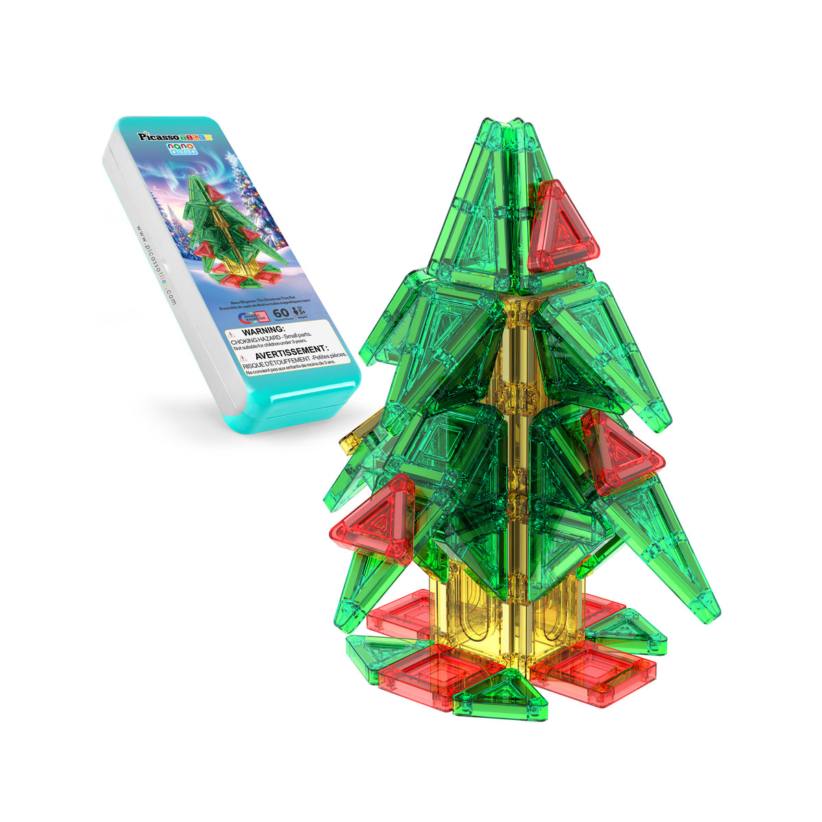 PicassoTiles holiday magnetic Christmas tree set with 3D assembled tree and portable travel storage case.