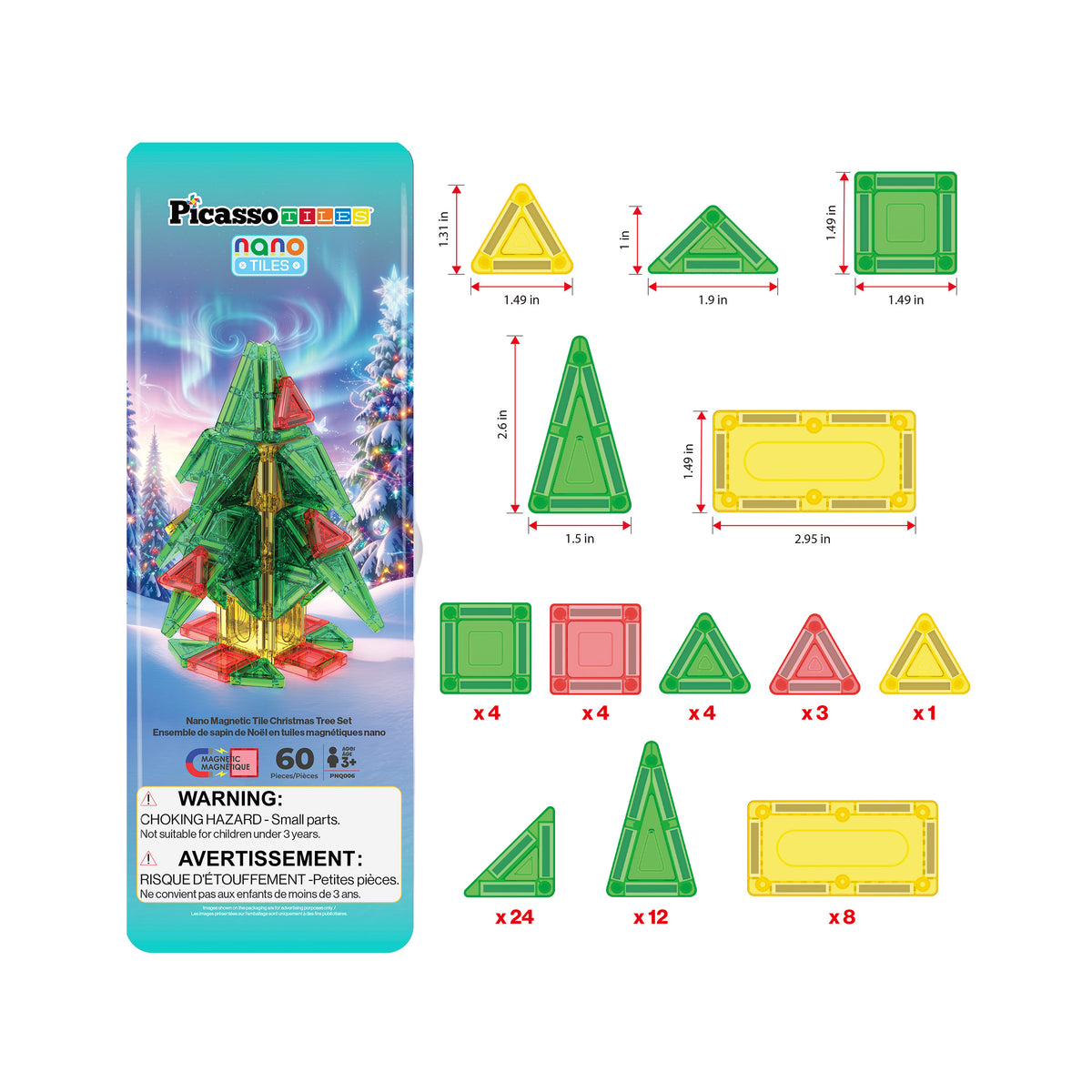PicassoTiles Nano Tiles 60-piece magnetic Christmas tree set piece breakdown diagram and tile dimensions.