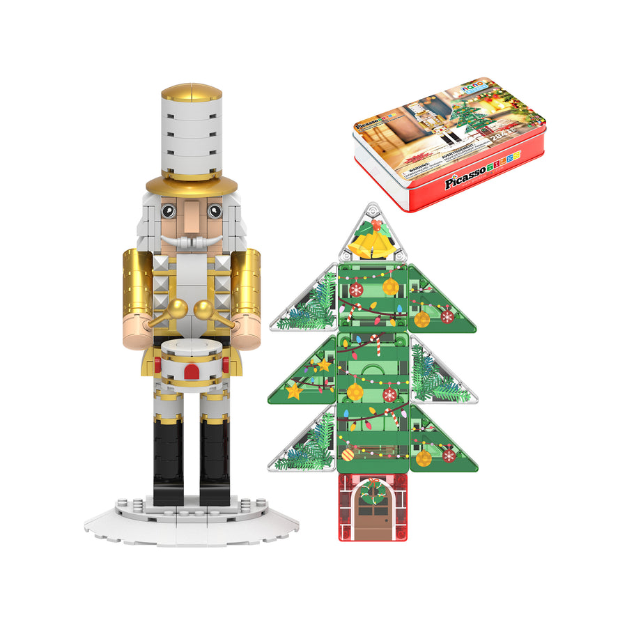 PicassoTiles holiday building set featuring a brick nutcracker, magnetic Christmas tree, and collector tin box.