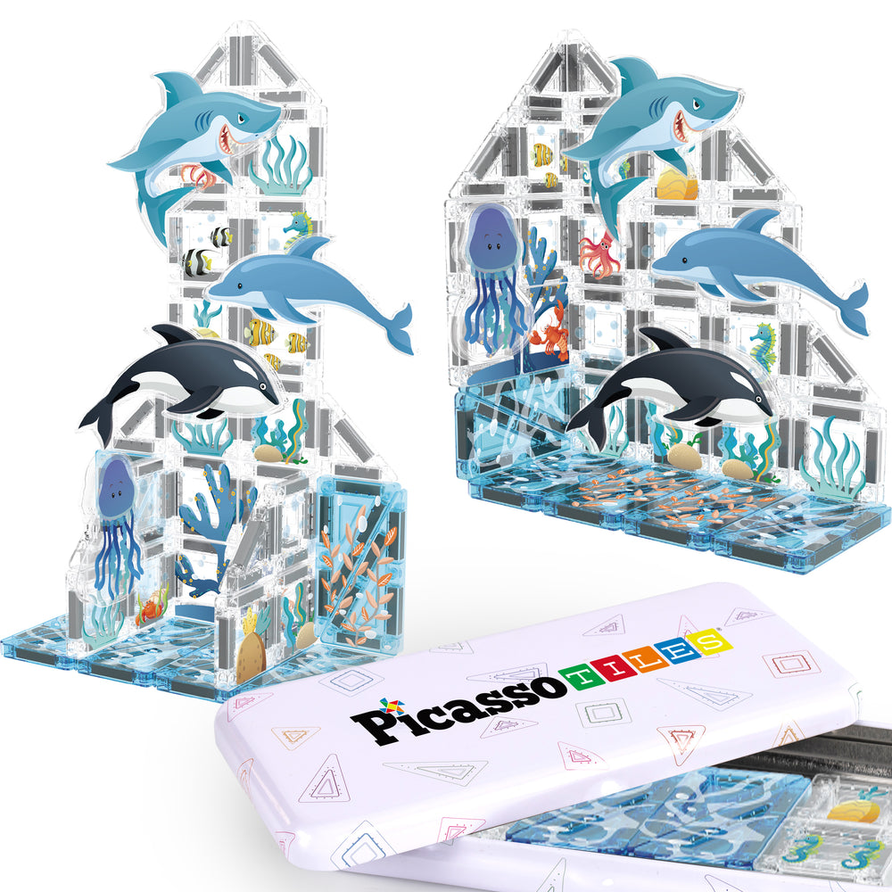 Underwater-themed magnetic building set with sharks, dolphins, and jellyfish, featuring PicassoTiles branding.