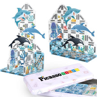 Underwater-themed magnetic building set with sharks, dolphins, and jellyfish, featuring PicassoTiles branding.