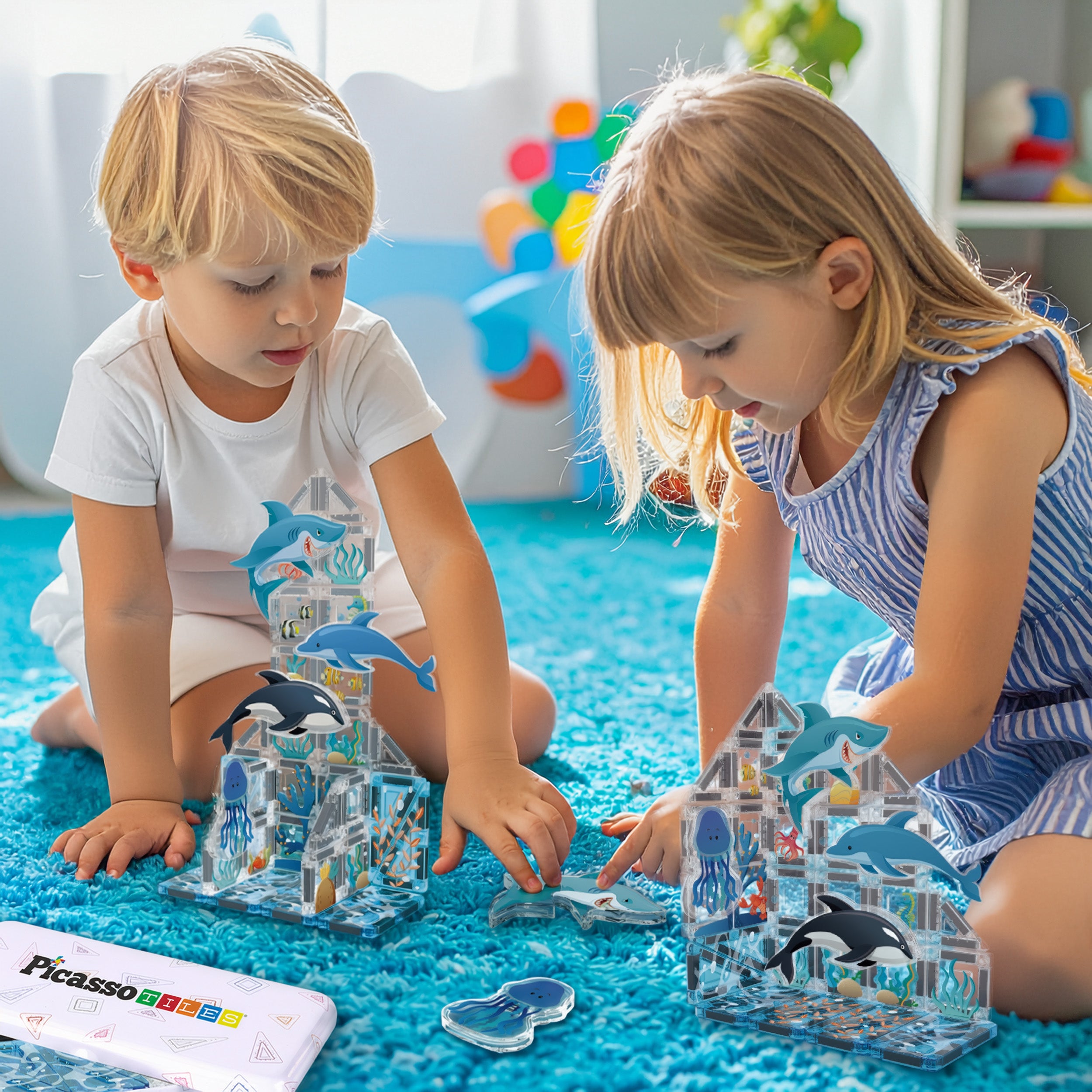 Two children playing with toy building sets on a blue mat.