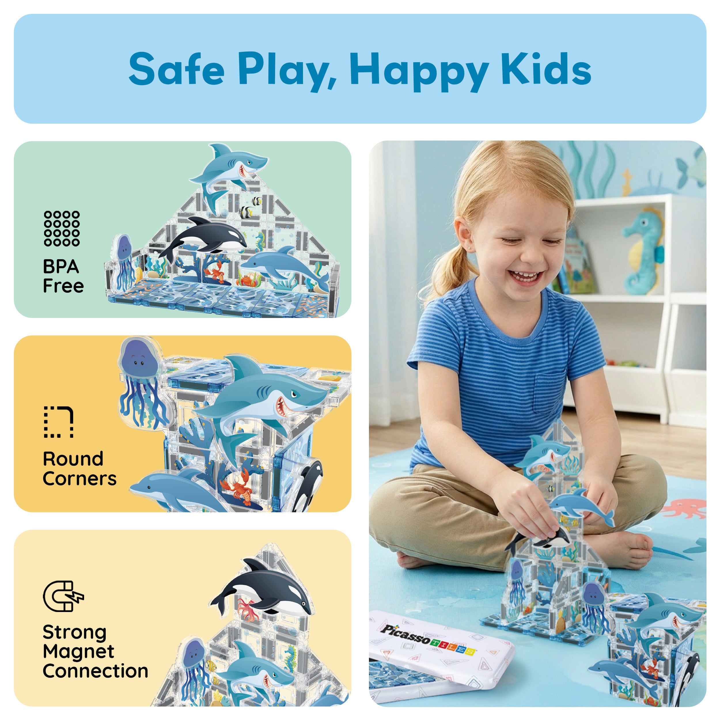 PicassoTiles Mini Magnetic Tiles Travel Set Aquarium 40pc